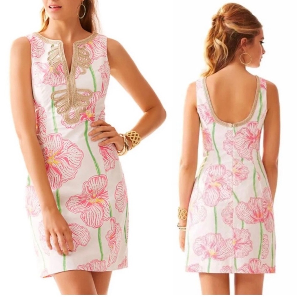 Lilly Pulitzer Janice Shift Resort White GOLD Pink Clover Cup Dress Size 2